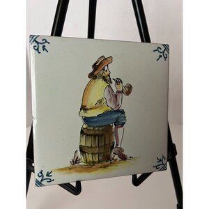 Lot of 2 VTG Hand Painted Ceramic Tiles Dutch Folk Art Blue White 5x5